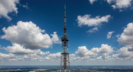 Obraz premium Tall Communication Tower Against a Vivid Blue Sky with Fluffy Cumulus Clouds