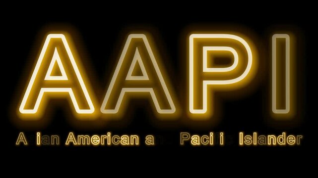 "AAPI" (Asian American and Pacific Islander) yellow neon Text isolated Black Background. business concept.	