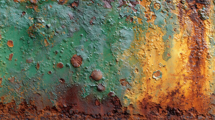 Metallic surface corroded by time, with layers of rust and peeling paint forming an organic and irregular pattern