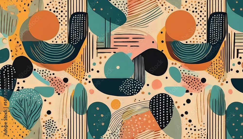 Poster abstract pattern with simple geometric figures and dots a vibrant symphony of lines, shapes, and tex