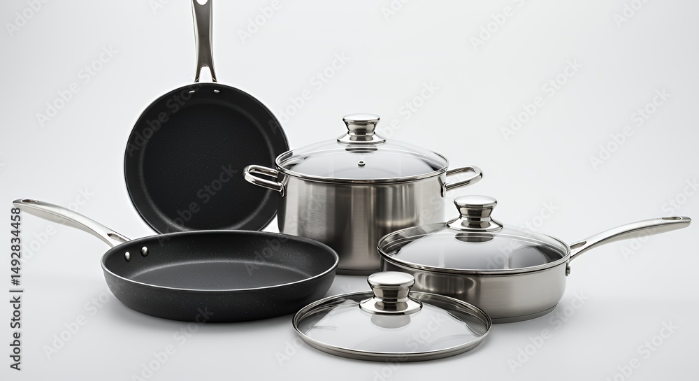 Poster assorted nonstick cookware set featuring frying pan saucepan and stock pot with lids on clean white 
