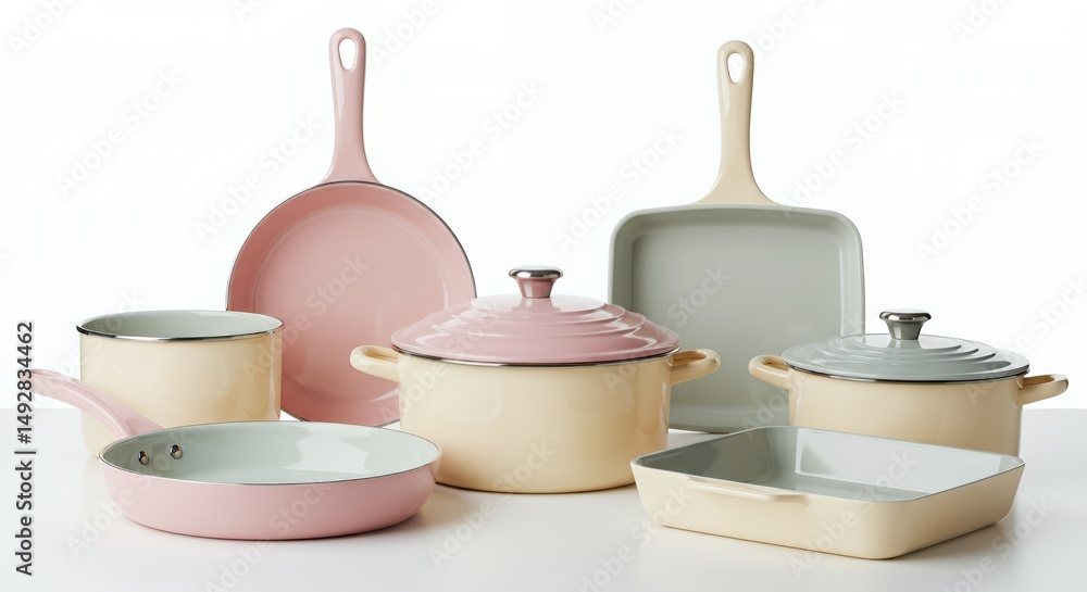 Poster assorted pastel enamel cookware includes casserole skillet saucepan and baking dish arranged on whit