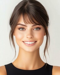 Fototapeta premium A close-up portrait of a smiling woman with beautiful features, showcasing natural beauty and confidence.