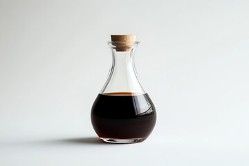 Clear glass bottle with a cork stopper, containing dark brown liquid, sits on a white background;  soft light illuminates the vessel, showcasing its teardrop shape and the liquid's rich color