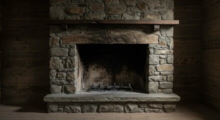 Rustic Stone Fireplace in Dark Wood Room Interior Design