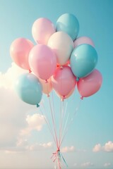 Pastel balloons float against a bright backdrop , latex, decorations, pastel