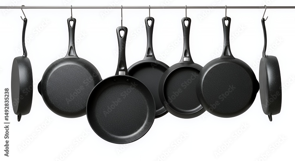 Poster assortment of frying pans hanging on hooks against white seamless background in a studio setting for