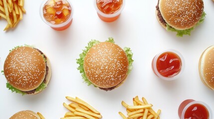 Delicious hamburgers and refreshing drinks with fries in an appetizing layout