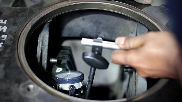 Close up hand using Dial Test Indicator on the stand for accurate measurement backlash crown gear differential komatsu.
