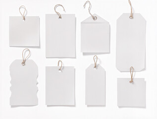 A collection of blank white tags with strings, displayed on a light background.