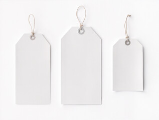A collection of blank white tags with strings, displayed on a light background.