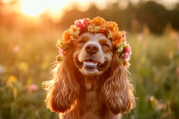 Golden hour in sunset. Vacation time happiness. Cute adult dog cocker spaniel wearing primal flower circlet on its head. Dog surrounded by flowers. Nature-loving dog in the sun.