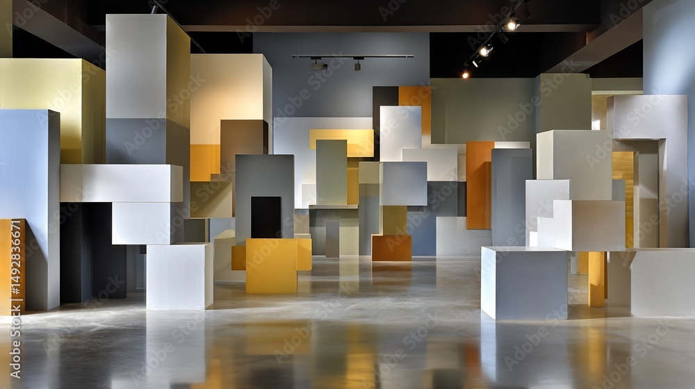 Poster abstract art installation with floating geometric forms, in a spacious gallery, lit softly