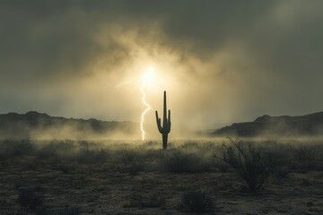 Fototapeta premium A lone saguaro cactus stands silhouetted against a dramatic desert thunderstorm at sunset.