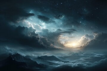 Obraz premium Dramatic Sky Above Mountain Range at Night with Stars and Clouds Landscape View