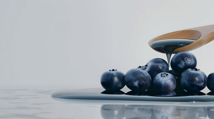 A tranquil  setup of blueberries displayed on a frosted glass surface, isolated on a clean white backdrop. Juice drips smoothly from a neutral spoon onto the berries, gleaming under soft daylight. 