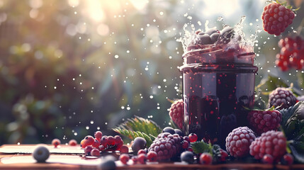 A minimalist render of a glass jar filled with glossy fig jam, isolated on a deep black background. Fresh figs and frozen berries float in a splash of water, creating dynamic ripples around the jar. 