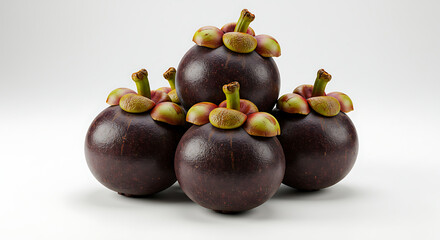 Group of Fresh Mangosteen Fruits with Green Stems and Petals