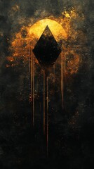 Abstract Geometric Descent: A Diamond Shape Descending from Golden Radiance Against a Dark, Textured Background