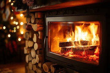 Warm wood burning in a cozy fireplace during Christmas time creating a festive atmosphere, Christmas time Wood burning in a cozy fireplace at home