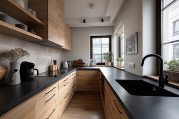 Modern kitchen interior design featuring light oak cabinets and dark countertops