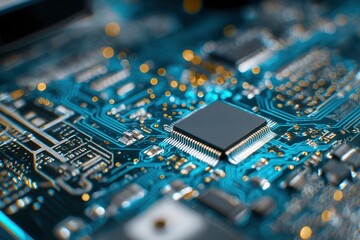 Microchip Circuit Board: Teal Hues and Technological Detail