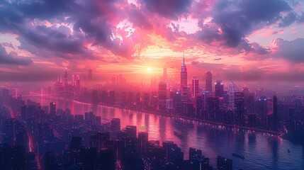 Fototapeta premium Radiant Twilight A Futuristic Cityscape Bathed in Cinematic Light and Dramatic Sky