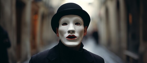 A mysterious figure wearing a white mask walks down a blurred, narrow alleyway, embodying a sense of intrigue and theatrical allure.