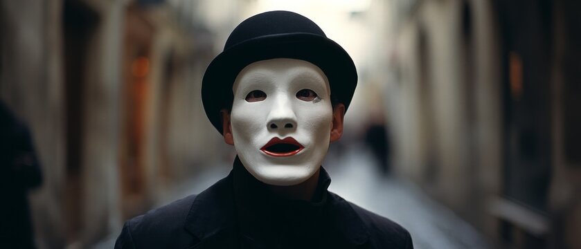 A mysterious figure wearing a white mask walks down a blurred, narrow alleyway, embodying a sense of intrigue and theatrical allure.