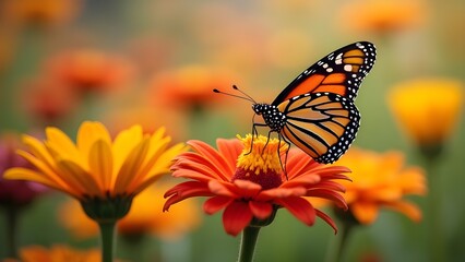 Obraz premium Monarch Butterfly on Orange Daisy Flower in a Field of Blossoms, Macro Detailed Close-Up