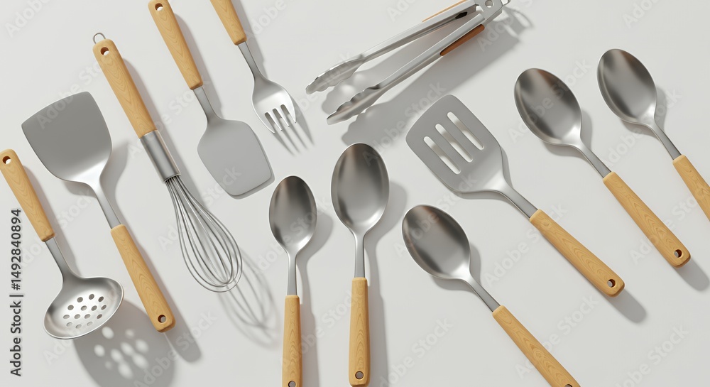 Poster light wood handled utensils including spoons spatulas tongs and whisks arranged neatly on white back