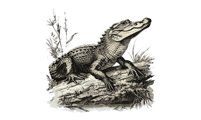 Monochrome Swamp Alligator, Hand-drawn Engraving, Reptile Line Art, Vintage Wildlife Illustration, Nature Etching, Southern Fauna Print, Rustic Animal Wall Art