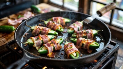 Naklejka premium Bacon wrapped jalapenos sizzling in cast iron skillet with melted cheese filling, steam rising from freshly cooked appetizers