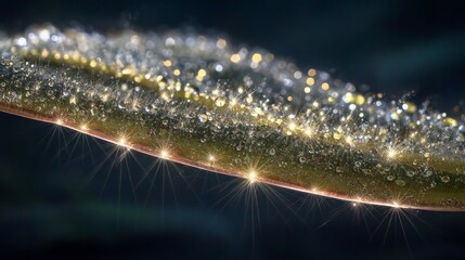 Naklejka premium Close-Up View of Dew on a Leaf Highlighting Nature's Beauty with Glimmering Sparkles and Soft Focus Background