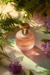 A pink perfume bottle with gold cap sits on a round tray, surrounded by lush green ferns and purple flowers, bathed in warm sunlight