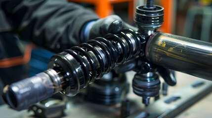 Close up of a black motorcycle shock absorber being worked on by a gloved mechanic in a workshop