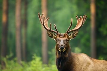 Majestic elk in serene green forest showcasing its antlers during the day, Elk or Moose, (Alces alces) in the green forest Beautiful animal in the nature habitat