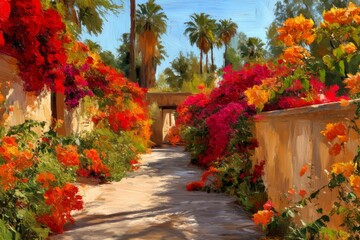 Obraz premium Vibrant Pathway Surrounded by Colorful Bougainvillea in a Tropical Garden Oasis Under Bright Blue Sky