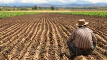 A farmer wearing a straw hat sits on a plowed field, observing the newly planted crops.