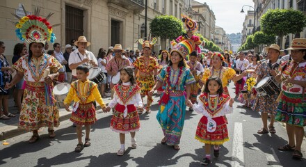 Naklejka premium Vibrant Latin American Carnival Parade Children in Traditional Costumes Dancing and Playing Drums
