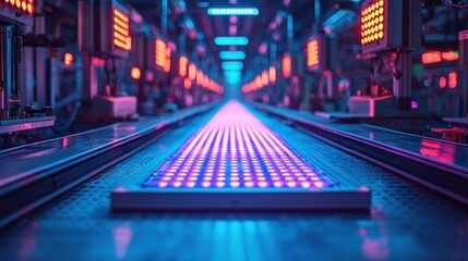 Illuminated Conveyor Belt in Industrial Setting with Neon Lights Perspective