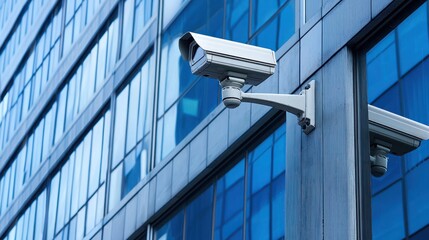 Two security cameras mounted on a building facade, with a modern glass facade in the background.