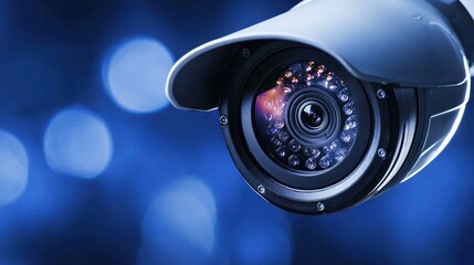 A security camera with a blue and white background