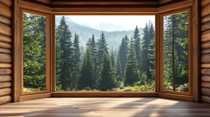 Forest view from log cabin interior