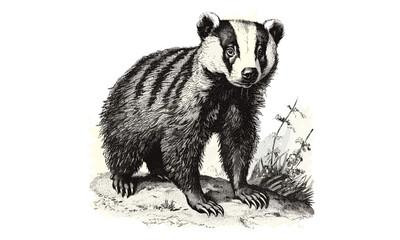 Antique Engraving Badger Alert, Vintage Wildlife Illustration, Rustic Retro Nature Drawing, Monochrome Etching, Woodland Animal Sketch, Black & White Old Engraving, Trendy Animal Art