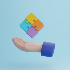 3d human hands with jigsaw puzzle pieces. Concept of business problems, partnership, development, cooperation and teamwork. 3d high quality render.