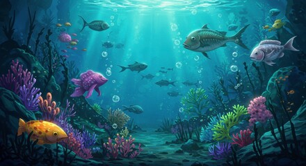 Vibrant Underwater Scene Colorful Fish Coral Reef Ocean Life Illustration