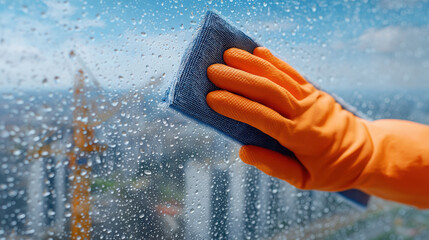 Cleaning window with cloth rainy day close up of person wiping glass with orange glove water droplets window outdoor scene