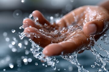 A close-up of a hand catching flowing water droplets, showcasing the beauty of nature's elements and the connection between humanity and the essential life source of water.