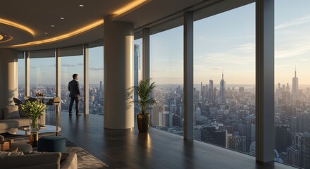 Plakat Man in Suit Admires Breathtaking Cityscape from Modern Penthouse Apartment